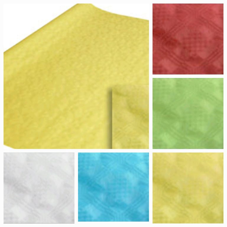Papier-Tischtuchdecke mit Damastprägung in 8x1m in den Farben creme-weiß, gelb, blau, grün und rot.