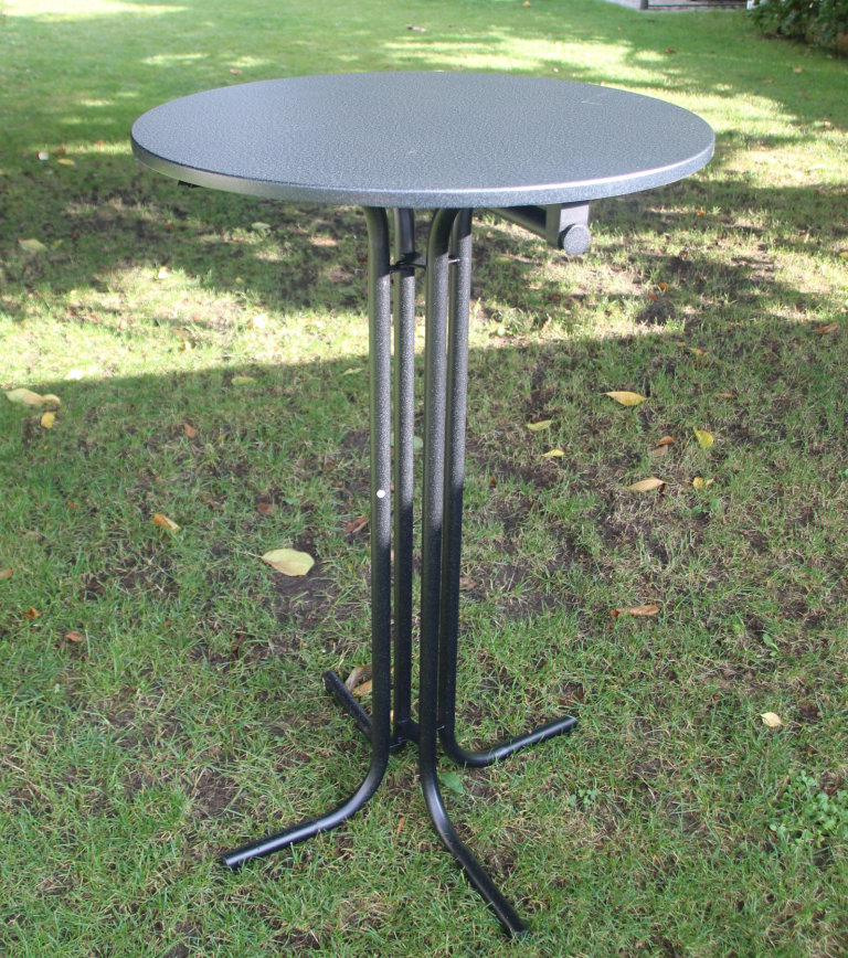 Dunkelgrau melierter Stehtisch mit runder Platte und 4 metallenen Beinen, Größe: 110x70cm.