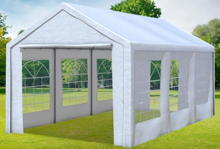Weißes Gartenpartyzelt 3x6m mit Fenstern. Beide Giebelflächen haben Reißverschlüsse, um den Zugang zu gewähren.