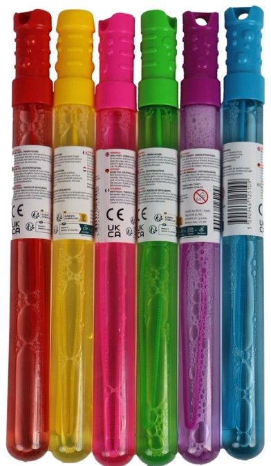 Sechs bunte Seifenblasenstäbe in Rot, Gelb, Pink, Grün, Lila und Blau.